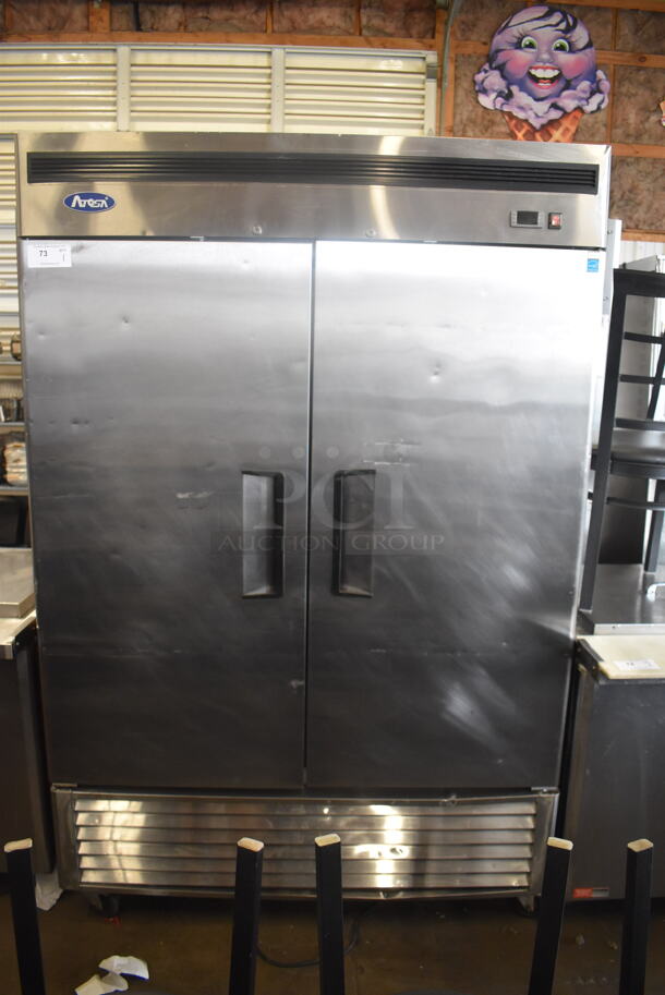 2016 Atosa MBF8507 Intertek Commercial Stainless Steel Two-Door Reach In Cooler With Polycoated Racks 115V, 1 Phase. Tested and Powers On But Does Not Get Cold