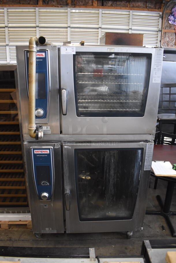 2019 Rational SCC WE 62 / WE 102 Self Cooking Center Commercial Stainless Steel Double Stack Convection Oven With Metal Racks And Additional Pieces on Commercial Casters. Side Door Missing On One Oven. 480 Volts 3 Phase. 2 Times Your Bid!