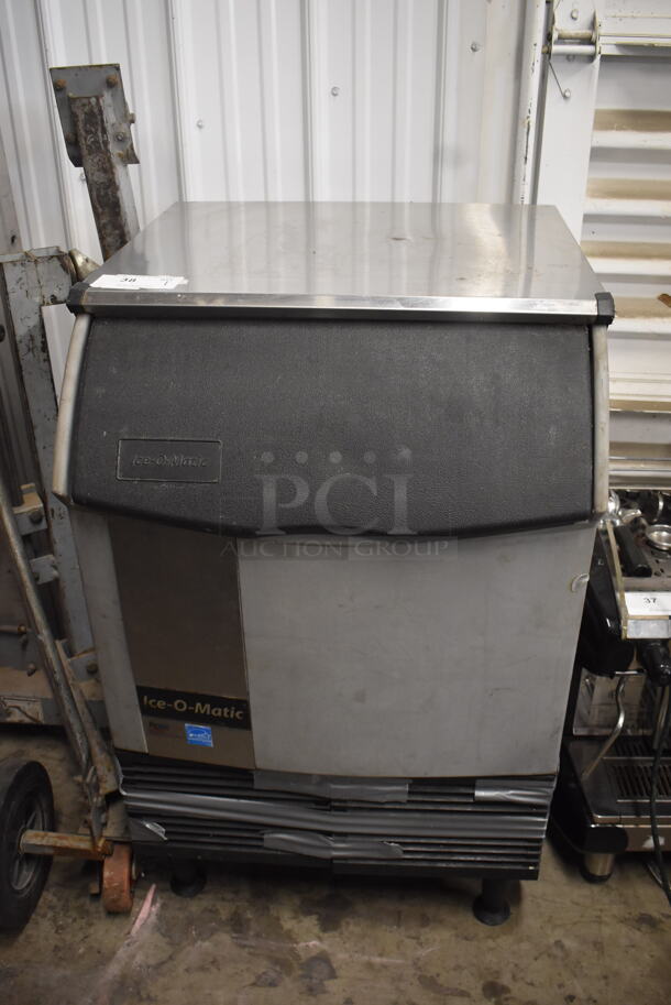 Ice-O-Matic ICEU220HA3 Commercial Stainless Steel Electric Ice Maker and Storage Bin on Black Feet. 115V, 1 Phase.