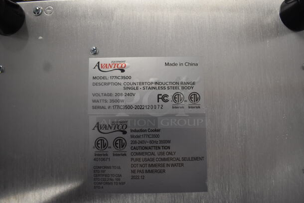 BRAND NEW SCRATCH AND DENT! Avantco 177IC3500 Single Countertop Induction Range. Tested and Working! 208-240V. - Image 5 of 5