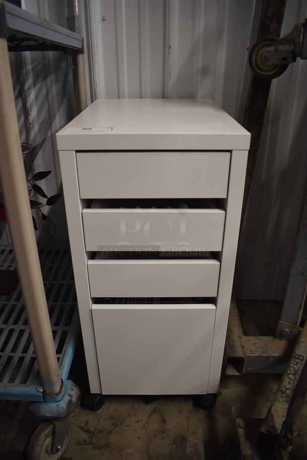 White Cabinet With 4 Pull Out Drawers On Commercial Casters.  - Image 1 of 8