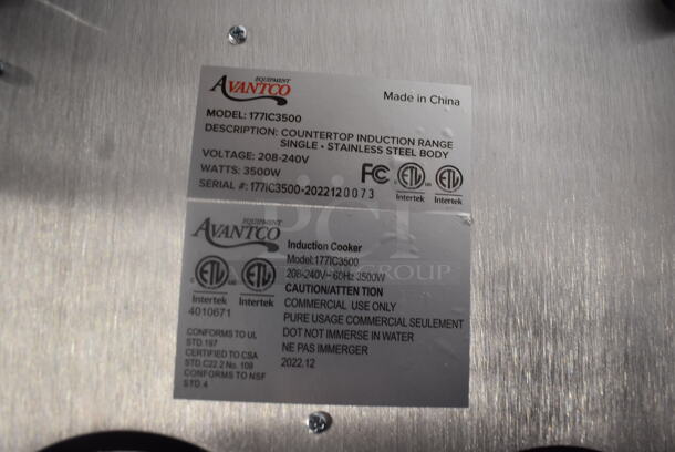 BRAND NEW SCRATCH AND DENT! Avantco 177IC3500 Single Countertop Induction Range. Tested and Working! 208-240V. - Image 4 of 4