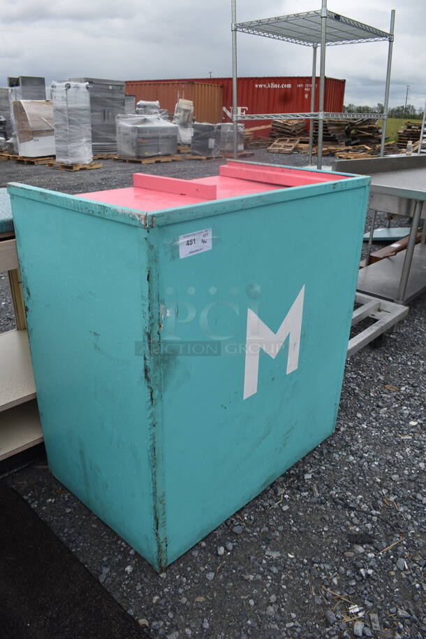 Pink and Blue Wooden Trash Receptable with Tray Shelf - Image 2 of 4