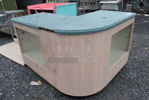 Wooden U-Shaped Counter w/2 Display Windows, Shelf, and 2 Drawers - Image 1 of 6