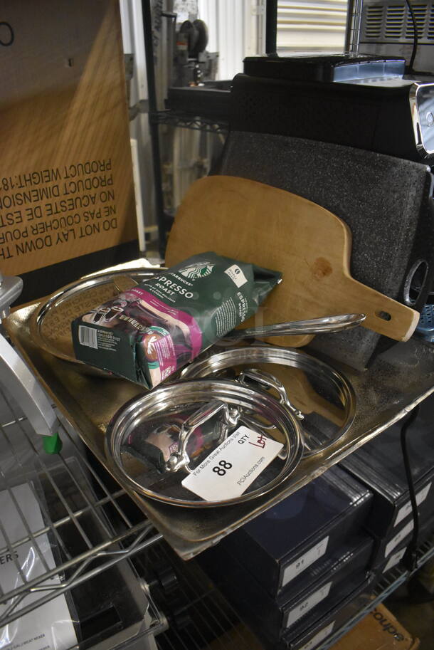 ALL ONE MONEY! Lot of Cutting Boards, Stainless Steel Pot Lids, Espresso Beans, Frying Pan And More.  - Image 2 of 4