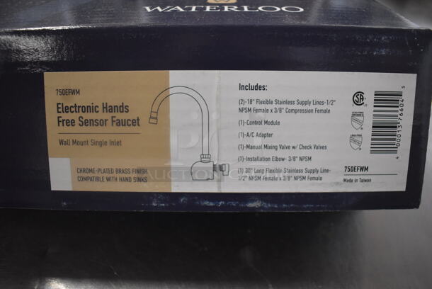 BRAND NEW IN BOX! Waterloo Wall Mount Hands-Free Sensor Faucet In Chrome Plated Brass Finish.  - Image 2 of 4