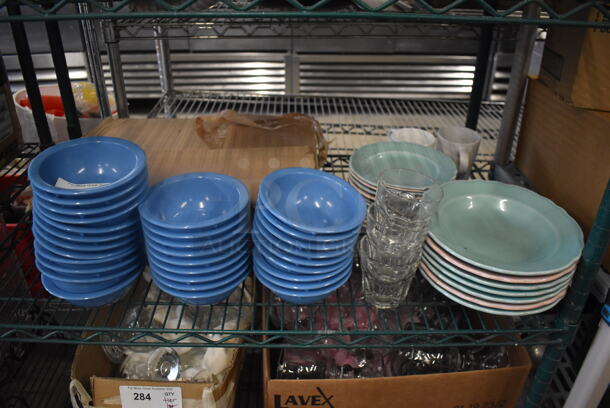ALL ONE MONEY! Lot of Homer Laughlin Pastel Blue and Pink Dishes, Blue Bowls and Glass Cups, Coffee Mugs AND MORE! 
