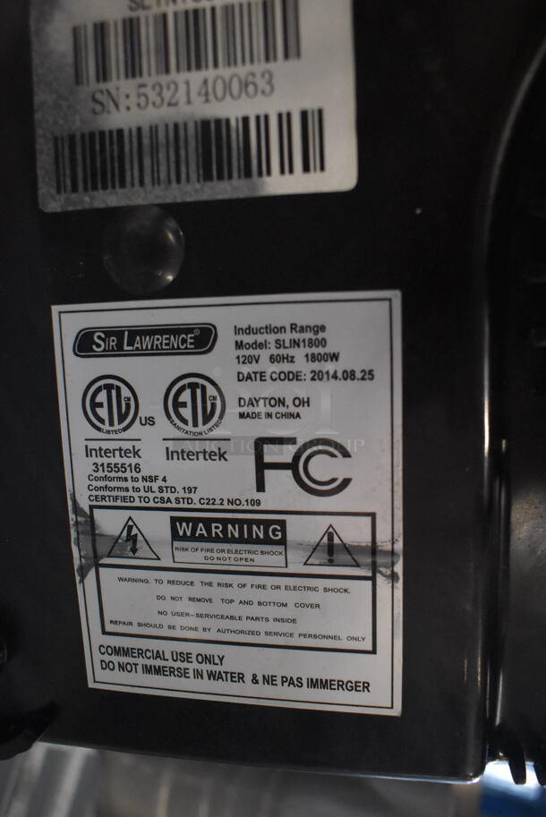 Sir Lawrence SLIN1800 Electric Intertek Black Single Burner Induction Range. 120V. Tested and Powers On - Image 4 of 5