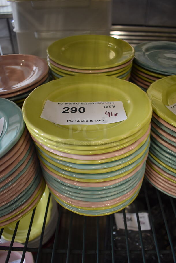 41 Homer Laughlin Pastel Plates In Yellow, Green, Pink and Blue. 41 Times Your Bid!  - Image 1 of 3