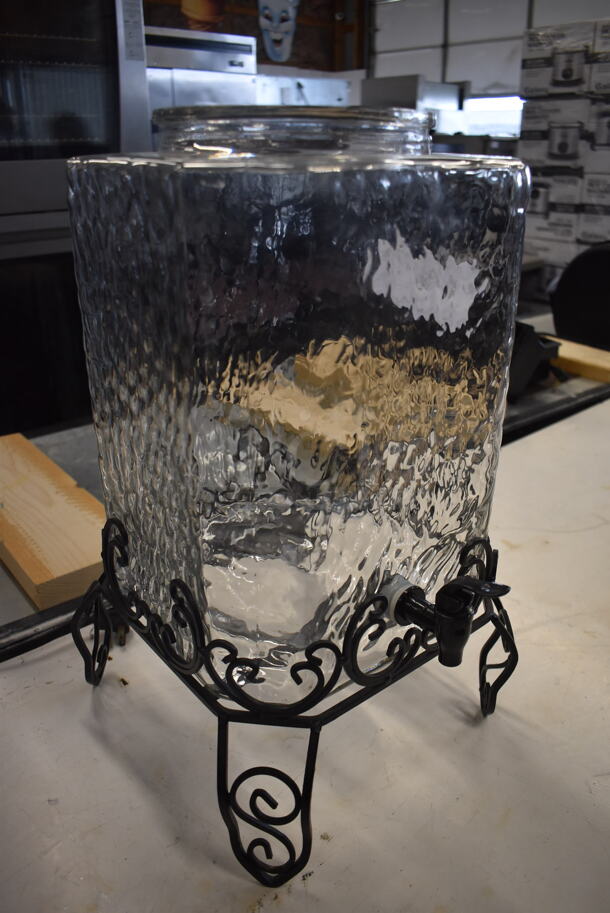 Large Textured Glass Beverage Dispenser Without Top on Black Decorative Stand. - Image 2 of 4