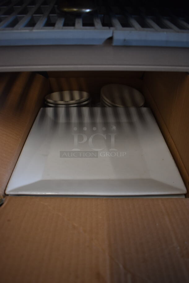 ALL ONE MONEY! Lot of 3 Boxes of  Large White Square Plates, Small White Plates and Stainless Steel Kitchen Accessories. - Image 3 of 5