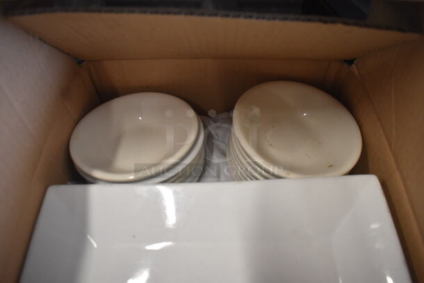 ALL ONE MONEY! Lot of 3 Boxes of  Large White Square Plates, Small White Plates and Stainless Steel Kitchen Accessories. - Image 2 of 5