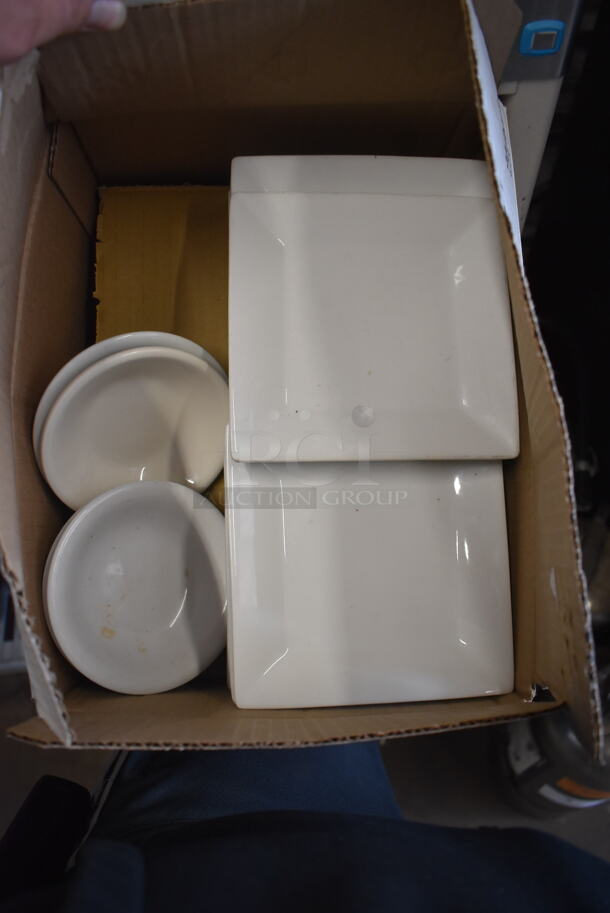 ALL ONE MONEY! Lot of 3 Boxes of  Large White Square Plates, Small White Plates and Stainless Steel Kitchen Accessories.