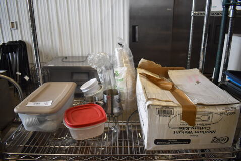 ALL ONE MONEY! Lot of Plastic Cups, Small Baking Dishes, Plastic Cutlery, Plastic Container With Red Lid, Soup Spoons AND MORE! 