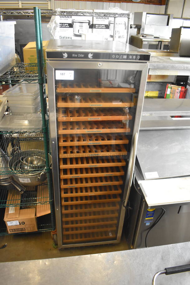 Wine Chiller With Glass Door Trimmed In Stainless Steel And Wooden Shelves. 115 Volts 1 Phase. Tested and Working!