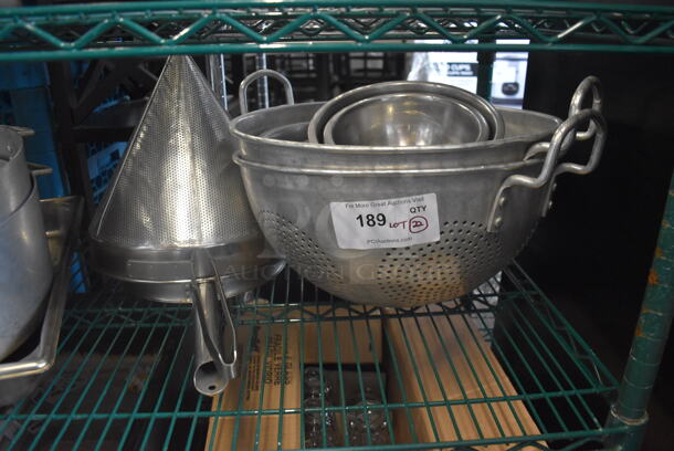 ALL ONE MONEY! Lot of 20 Items Including Steel Collinders, Steel Frying Pans, Steel Mixing Bowls AND MORE! 