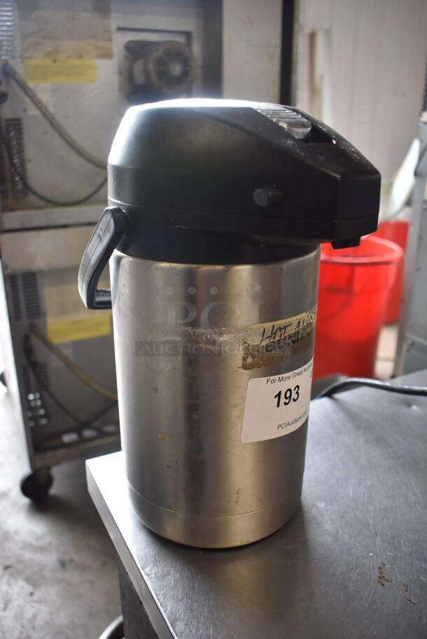Stainless Steel Airpot Beverage Dispenser With Black Top and Handle.  - Image 2 of 4