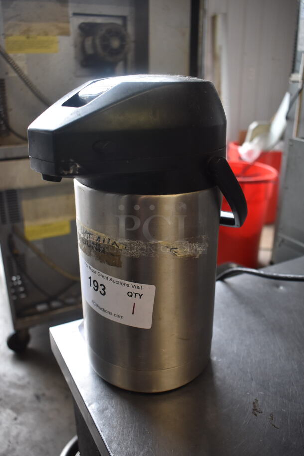 Stainless Steel Airpot Beverage Dispenser With Black Top and Handle.  - Image 3 of 4