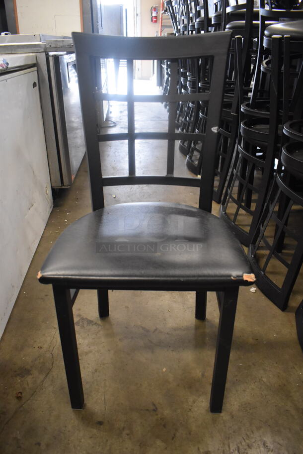 3 Black Dining Chairs With Lattice Backs And Cushioned Seats. Cosmetic Condition May Vary.3 Times Your Bid! 