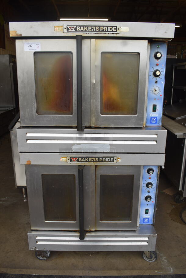 2 Bakers Pride Commercial Stainless Steel Natural Gas Powered Double Stack 2 Glass Door Convection Ovens With Steel Racks on Commercial Casters. 2 Times You Bid!  - Image 1 of 10