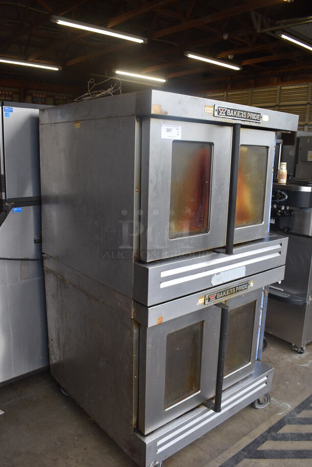 2 Bakers Pride Commercial Stainless Steel Natural Gas Powered Double Stack 2 Glass Door Convection Ovens With Steel Racks on Commercial Casters. 2 Times You Bid!  - Image 2 of 10