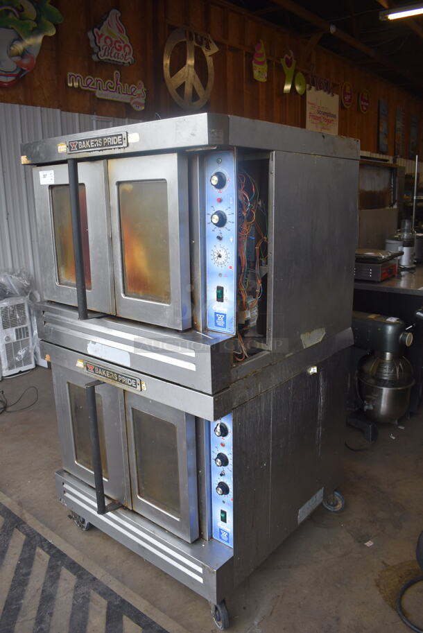 2 Bakers Pride Commercial Stainless Steel Natural Gas Powered Double Stack 2 Glass Door Convection Ovens With Steel Racks on Commercial Casters. 2 Times You Bid!  - Image 3 of 10