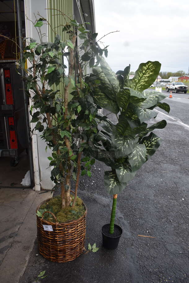 2 Tall Faux Plants, 1 In Basket 1 In Black Pot. 2 Times Your Bid!  - Image 1 of 3