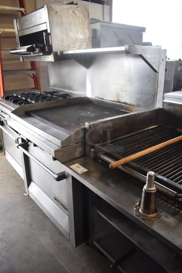 Garland Natural Gas Powered Commercial Stainless Steel Oven With Steel Racks And Top Griddle With Overshelf On Galvanized Legs.  - Image 3 of 7