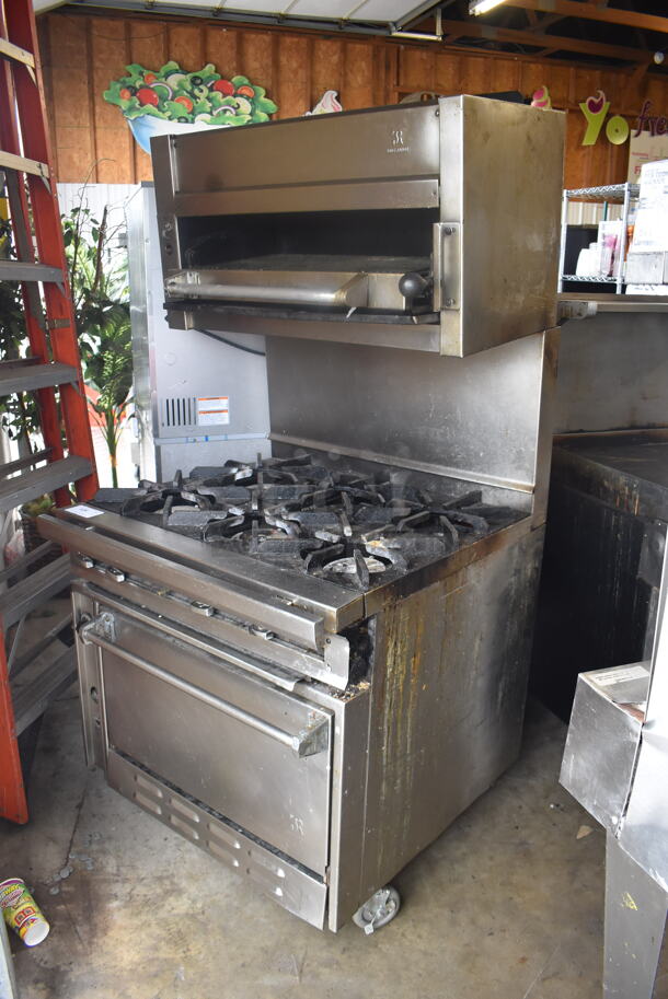 Jade Range Commercial Stainless Steel Natural Gas Powered Oven With 6 Gas Burners And Salamander Broiler and Salamander Shelves On Commercial Casters.  - Image 3 of 9