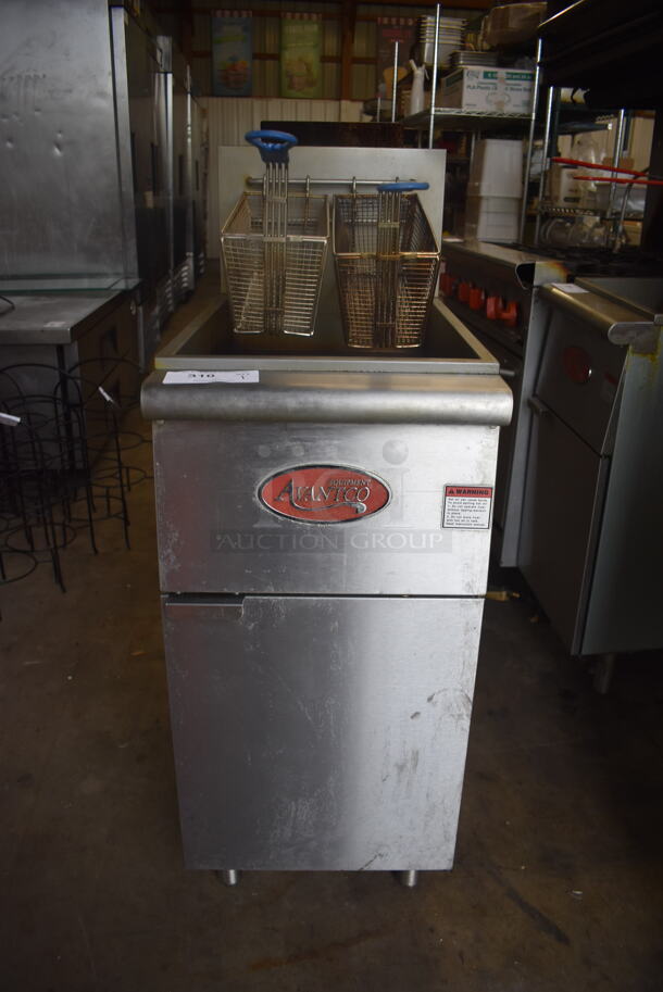 Avantco FF300-N Commercial Stainless Steel Natural Gas Fryer With Two Frying Baskets On Galvanized Legs. 90,000 BTU. 