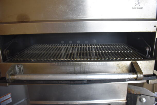 Jade Range Commercial Stainless Steel Natural Gas Powered Oven With 6 Gas Burners And Salamander Broiler and Salamander Shelves On Commercial Casters.  - Image 5 of 9