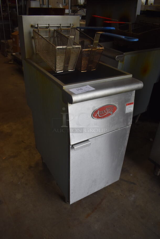 Avantco FF300-N Commercial Stainless Steel Natural Gas Fryer With Two Frying Baskets On Galvanized Legs. 90,000 BTU.  - Image 2 of 7