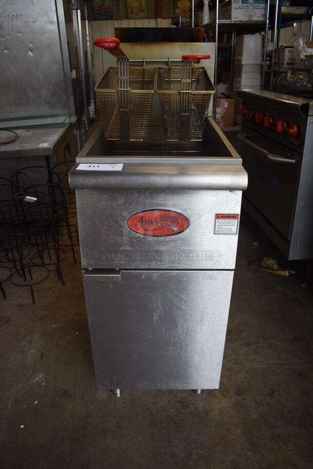 Avantco FF400-N Commercial Stainless Steel Natural Gas Fryer With 2 Fry Baskets On Galvanized Legs. 120,000 BTU