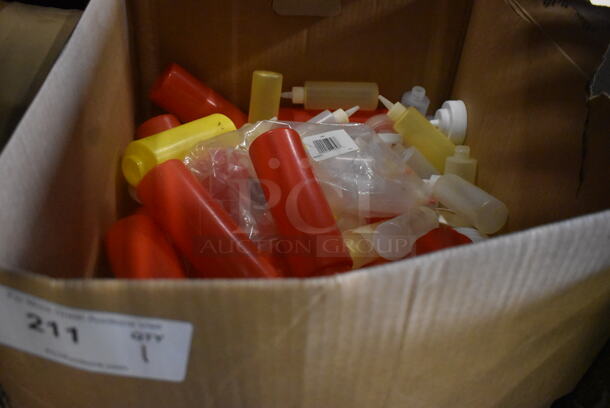 Box Of Plastic Red and Yellow Ketchup and Mustard Squeeze Bottles.