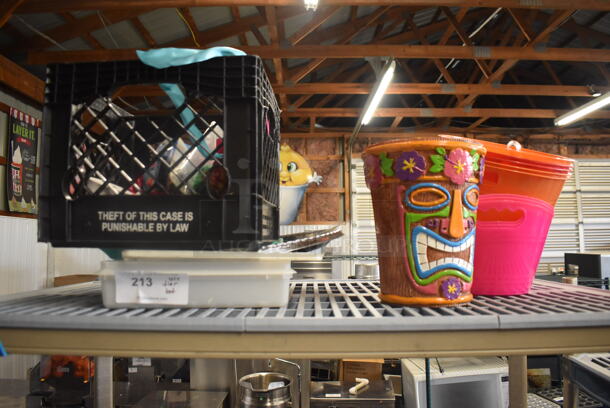 ALL ONE MONEY! Lot of Pink and Orange Plastic Buckets, Colorful Ribbon, Serving Trays, Tiki Mask Hawaiian Decor Piece AND MORE! 