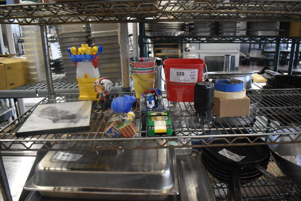 ALL ONE MONEY! Lot of Red Bucket With Handle, Colorful Metal Buckets, Kid Toys Including Whale, Car, Blocks, LegoMan, Print of Baby AND MORE!  - Image 1 of 3