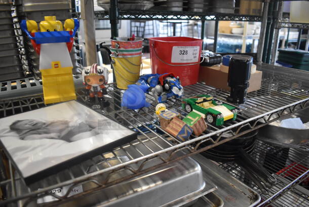 ALL ONE MONEY! Lot of Red Bucket With Handle, Colorful Metal Buckets, Kid Toys Including Whale, Car, Blocks, LegoMan, Print of Baby AND MORE!  - Image 2 of 3