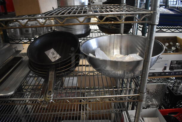 Cast Iron Frying Pans With Steel Handles and Large Stainless Steel Bowl. 6 Times Your Bid! 