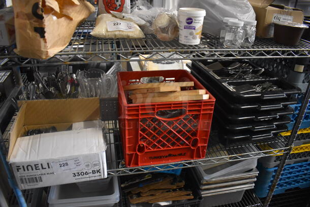 ALL ONE MONEY! Lot of Steel Cutlery, Black Ladels, Circular Wood Cutting Boards AND MORE!  