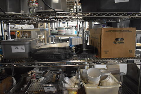 ALL ONE MONEY! Lot of Circular Cast Iron Trays and Bowls, Disposable Face Masks With Ear Loops, White Coffee Mugs AND MORE!  