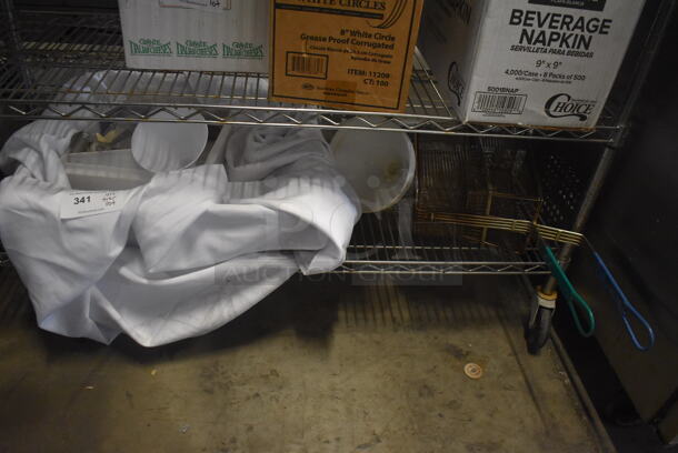 ALL ONE MONEY! Tier Lot of Various Items Including 2 Fry Baskets, White Cloth, Plastic Bin, and Various Sized Funnels - Image 1 of 3