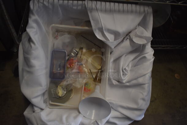 ALL ONE MONEY! Tier Lot of Various Items Including 2 Fry Baskets, White Cloth, Plastic Bin, and Various Sized Funnels - Image 2 of 3