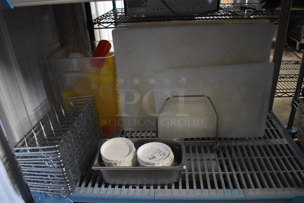 ALL ONE MONEY! Lot of Ketchup and Mustard Squeeze Bottles, 2 Cutting Boards, Metro Wire Shelves, Small White Corningware Dishes, AND MORE!  - Image 1 of 4