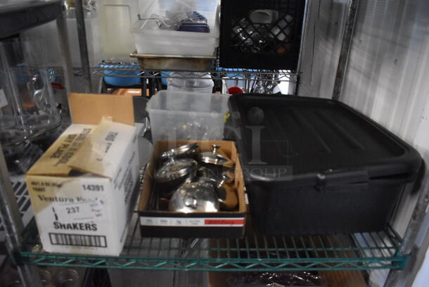 ALL ONE MONEY! Lot of Glass Candlesticks, Small Glass Salt And Pepper Shakers, Brown Salt And Pepper Shakers and Steel Lids For Pots AND MORE!  - Image 1 of 5