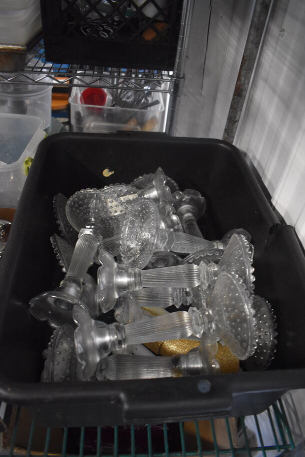 ALL ONE MONEY! Lot of Glass Candlesticks, Small Glass Salt And Pepper Shakers, Brown Salt And Pepper Shakers and Steel Lids For Pots AND MORE!  - Image 2 of 5