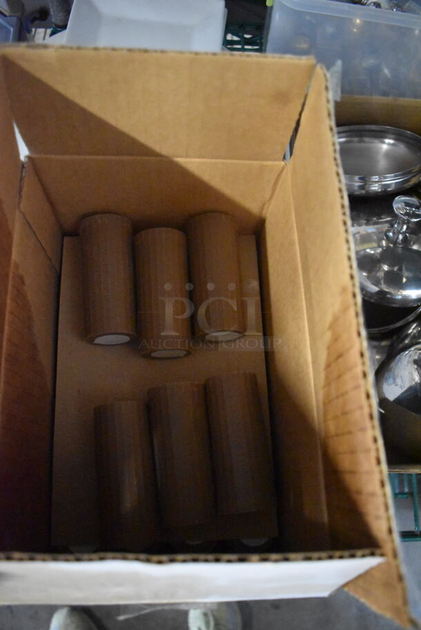 ALL ONE MONEY! Lot of Glass Candlesticks, Small Glass Salt And Pepper Shakers, Brown Salt And Pepper Shakers and Steel Lids For Pots AND MORE!  - Image 4 of 5