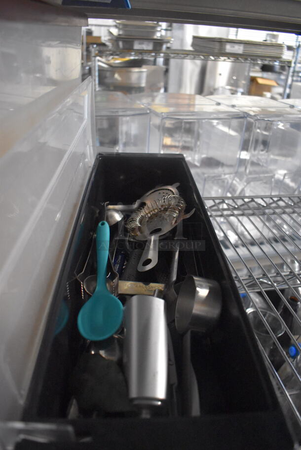 ALL ONE MONEY! Tier Lot of Various Items Including Metal Drop In Bins, Plastic Drop In Bins, Plastic Beverage Dispenser, and Various Cooking Utensils - Image 4 of 4