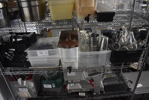 ALL ONE MONEY! Tier Lot of Various Items Including Crate of Mugs, Plastic Bins, Plastic Beverage Dispenser, Cocktail Shakers, and Glass Water Jugs 