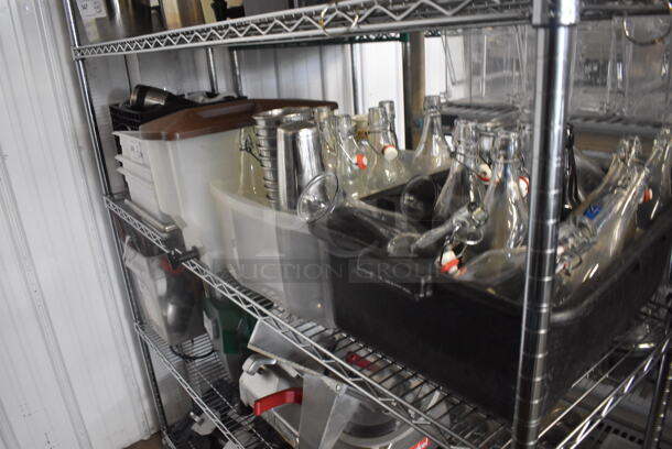 ALL ONE MONEY! Tier Lot of Various Items Including Crate of Mugs, Plastic Bins, Plastic Beverage Dispenser, Cocktail Shakers, and Glass Water Jugs  - Image 2 of 3