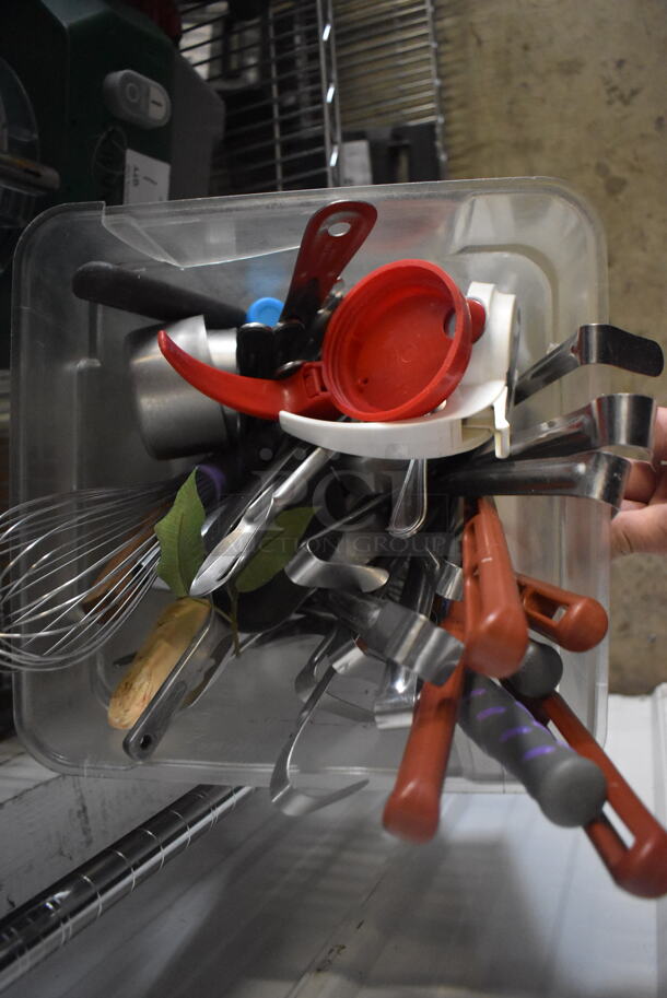 ALL ONE MONEY! Plastic Drop In Bin With Various Kitchen Utensils Including Spatulas, Whisk, Serving Spoons, and Measuring Cups - Image 2 of 2